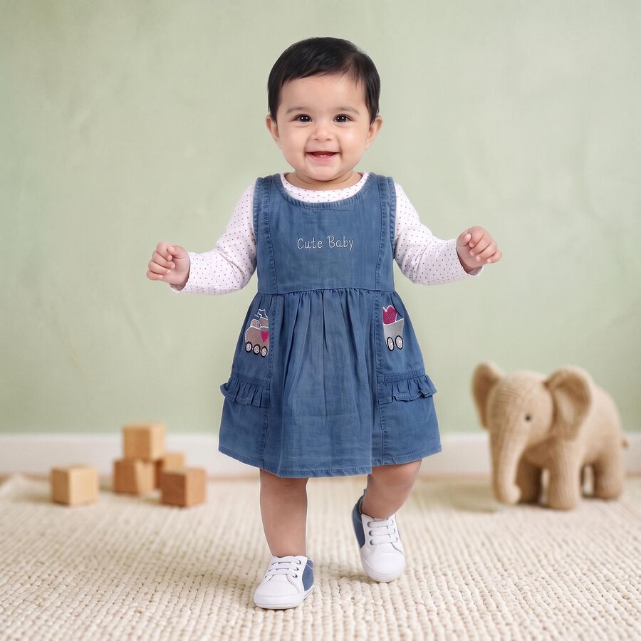 Infants' Blue Fit and Flare Embroidered Sleeveless Frock, हल्का नीला, large