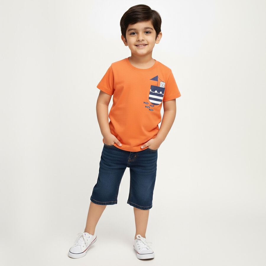 Boys Vibrant Orange Cotton Round Neck Casual Half Sleeve T-Shirt, Rust, large image number null