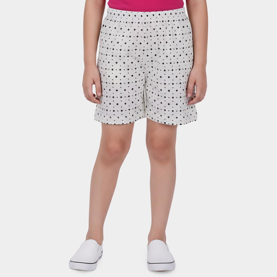 Girls' White Regular Fit Printed Shorts, ऑफ व्हाइट, large