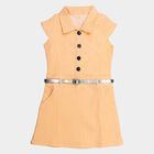 Girls' Peach A-Line Belted Shirt Collar Frock, पीच, small