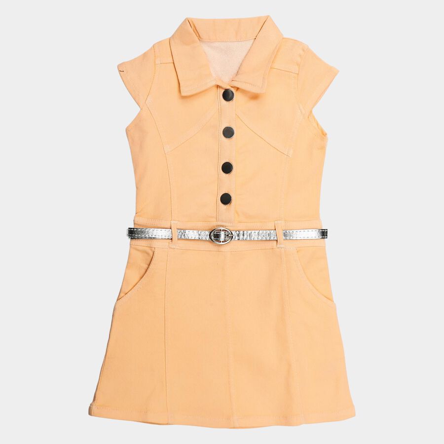 Girls' Peach A-Line Belted Shirt Collar Frock, पीच, large