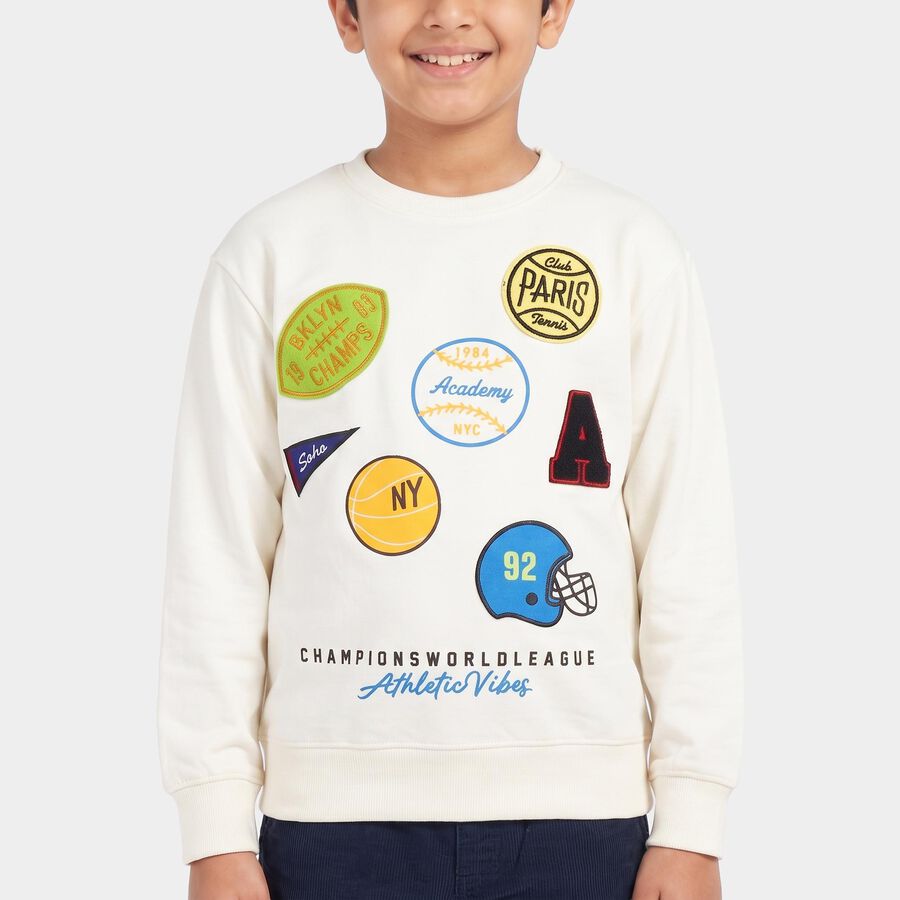 Boys' Off White Crew Neck Graphic Print Sweatshirt, ऑफ व्हाइट, large