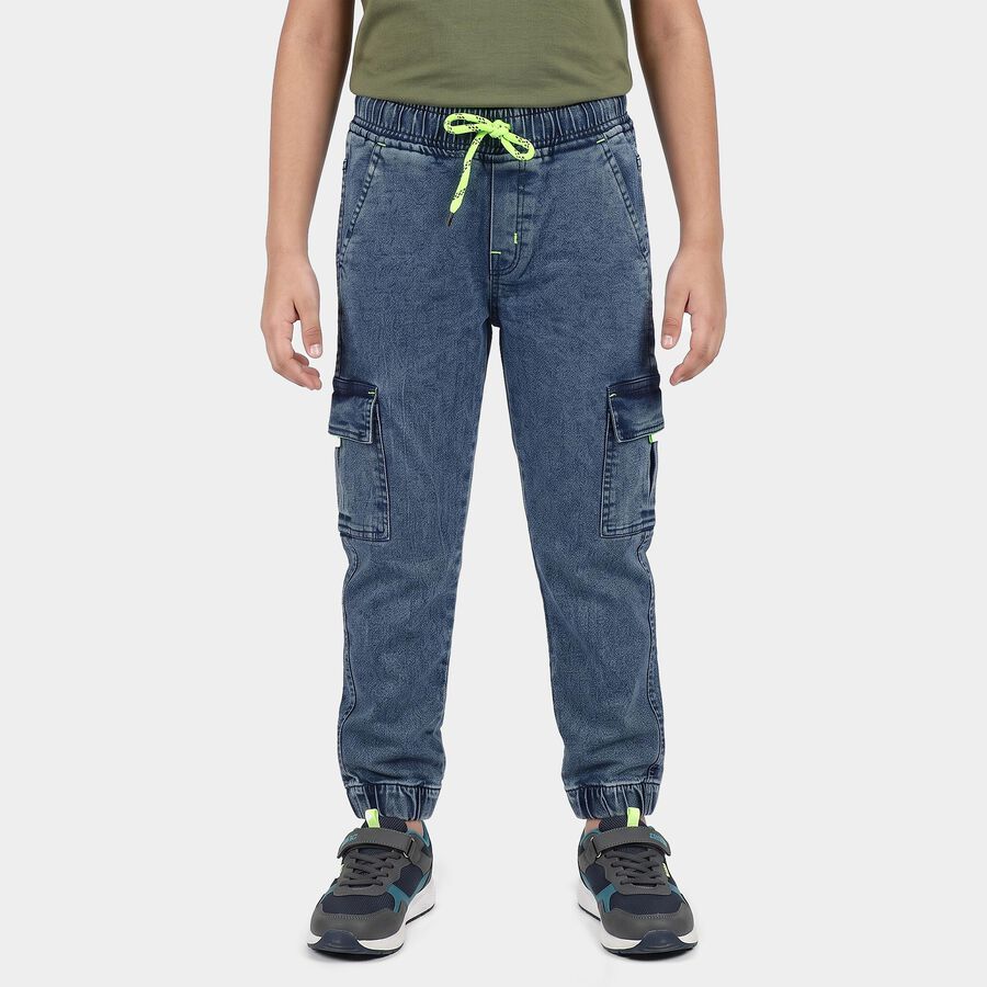 Boys Blue Cargo Jogger Fit Washed Jeans, मध्यम नीला, large