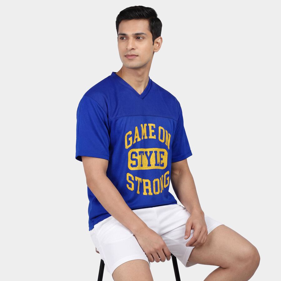 Men's Blue Round Neck Athleisure T-Shirt, Royal Blue, large