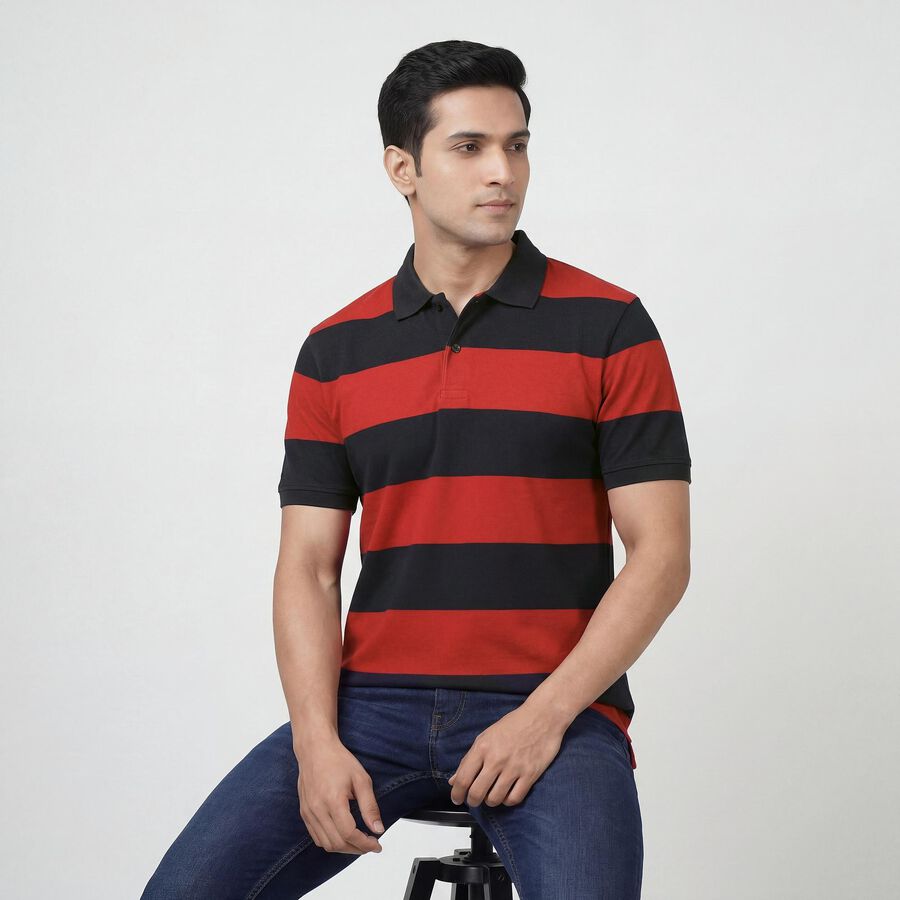 Men's Red Polo Neck Preppy T-Shirt, लाल, large