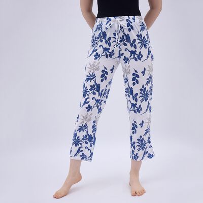 Women's Bright White Floral Printed Elastic Waist Pyjama
