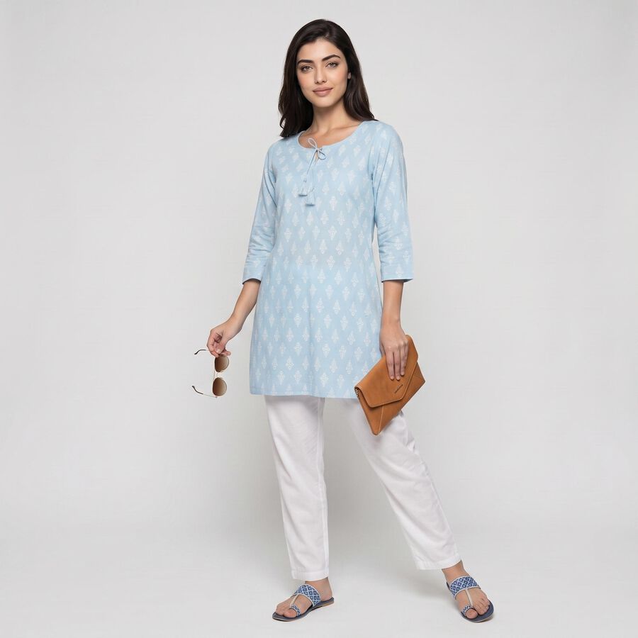 Women's Light Blue Round Neck Printed Kurta, हल्का नीला, large