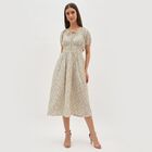 Women's Beige Tie Neck Romantic Midi Dress, Off White, small image number null