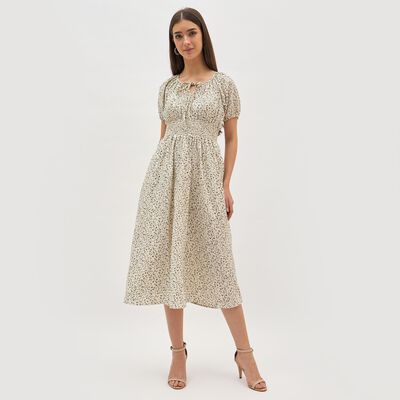 Women's Beige Tie Neck Romantic Midi Dress