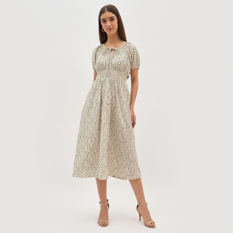 Women's Beige Tie Neck Romantic Midi Dress, Off White, large image number null