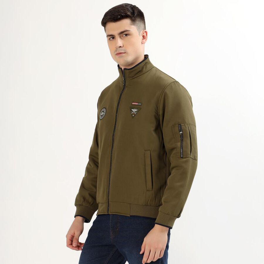 Men's Muted Olive Green High Neck Casual Bomber Jacket, Khaki, large image number null