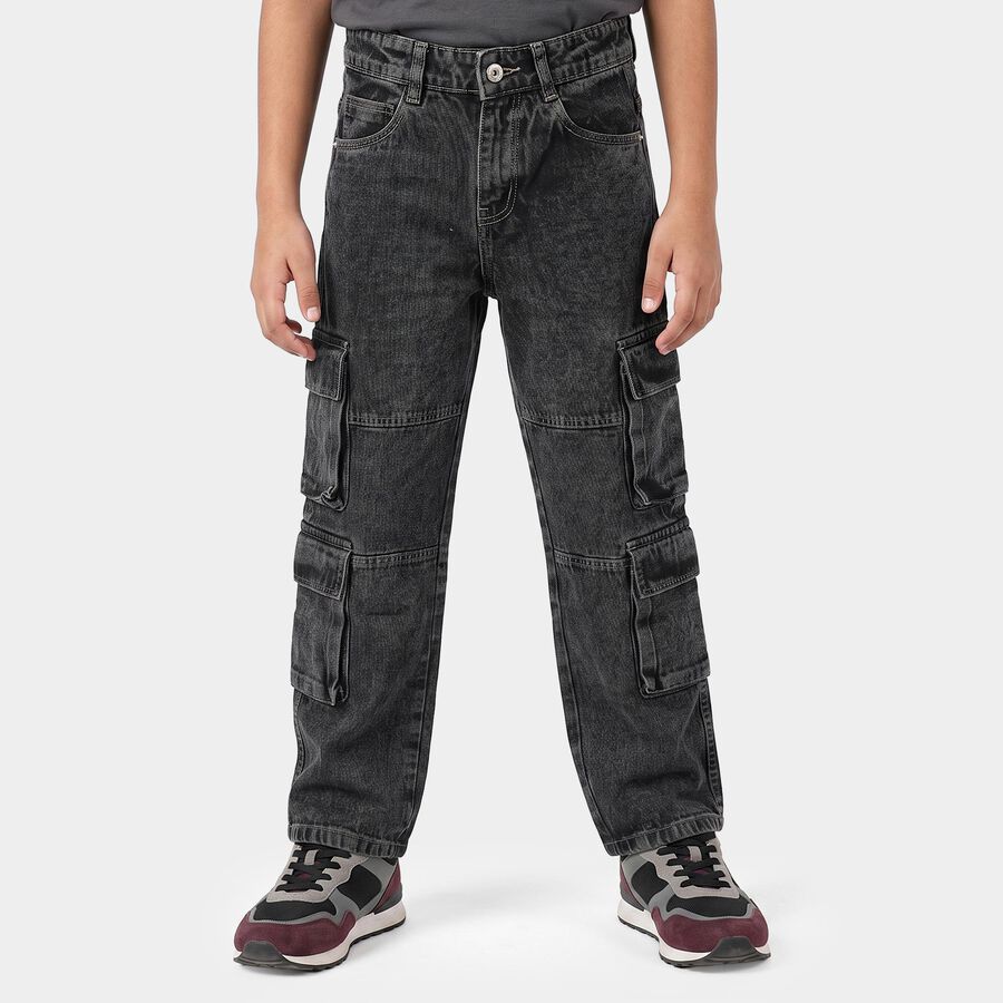 Boys' Dark Grey Cargo Fit Washed Jeans, Dark Grey, large
