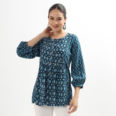 Ladies' Dark Peacock Blue Round Neck Printed Kurti