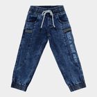 Boys' Blue Jogger Fit Printed Jeans, गहरा नीला, small