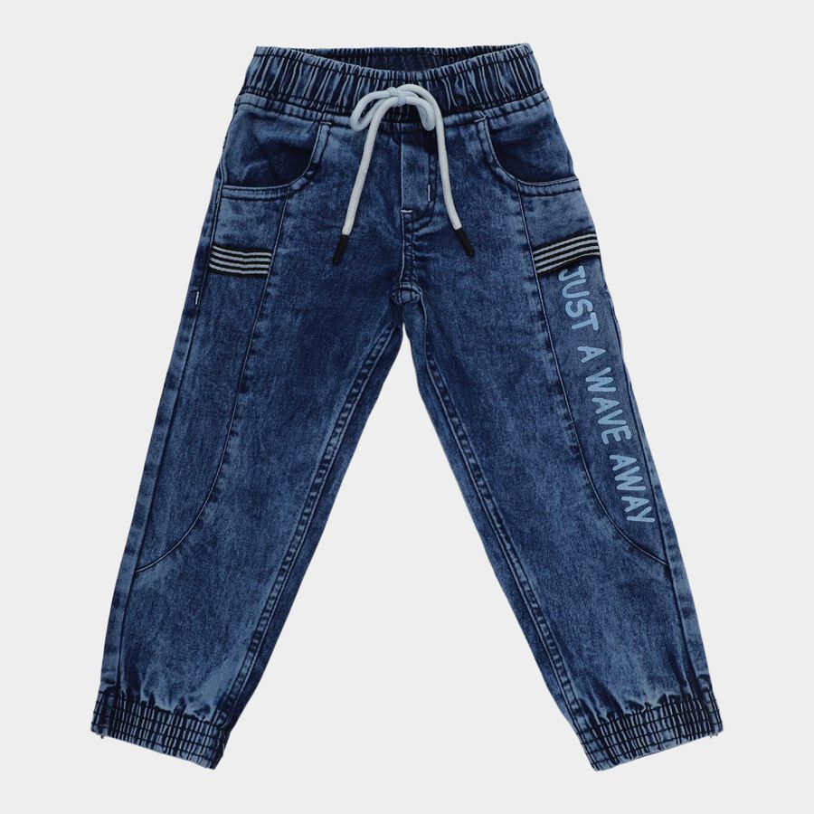 Boys' Blue Jogger Fit Printed Jeans, गहरा नीला, large