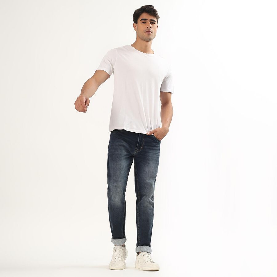 Men's Stonewashed Slim Fit Five-Pocket Jeans, Dark Blue, large image number null
