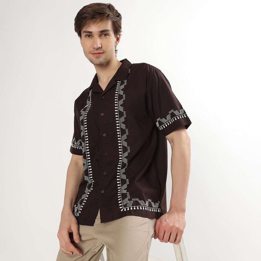 Men's Deep Brown Cotton Cuban Collar Casual Shirt, Brown, large