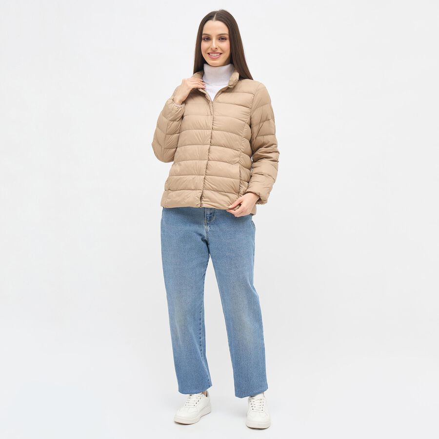 Women's Light Beige High Neck Casual Puffer Jacket, गहरा पीला, large image number null
