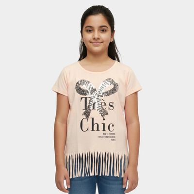 Girls' Light Pink Cotton Round Neck Graphic Printed T-Shirt
