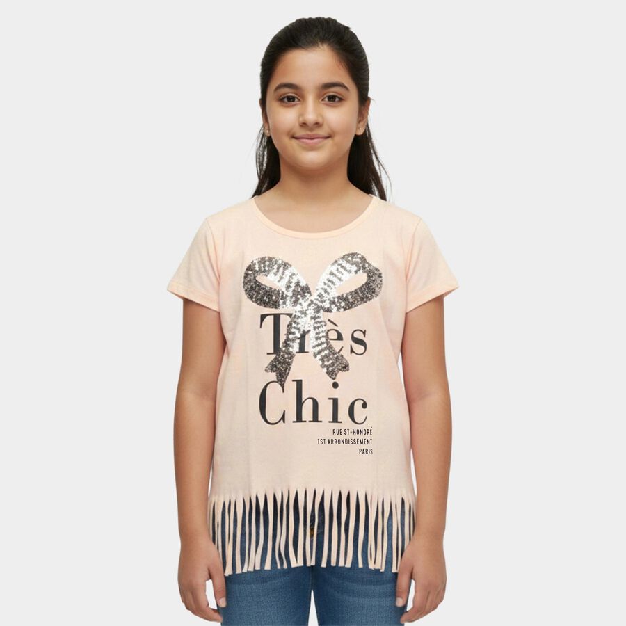 Girls' Light Pink Cotton Round Neck Graphic Printed T-Shirt, हल्का गुलाबी, large