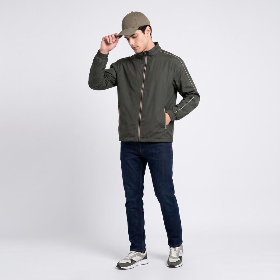 Men's Olive Green Stand Collar Windbreaker Jacket, Dark Green, large