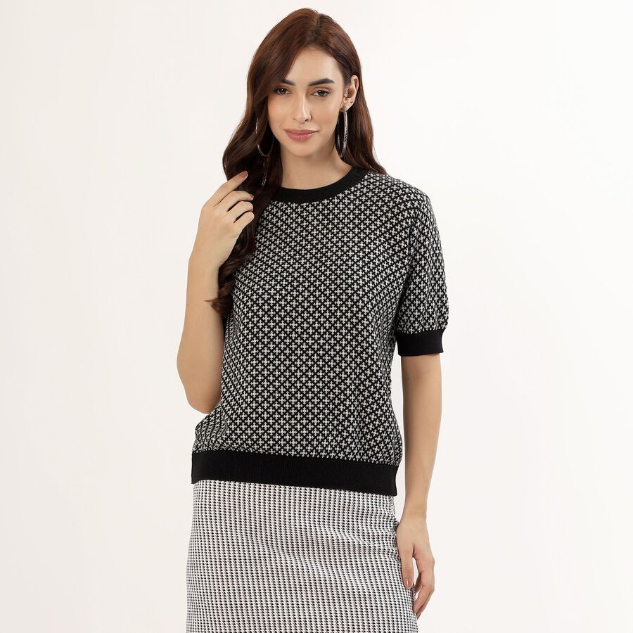 Women's Black Cotton Round Neck Geometric Top, Black, large image number null