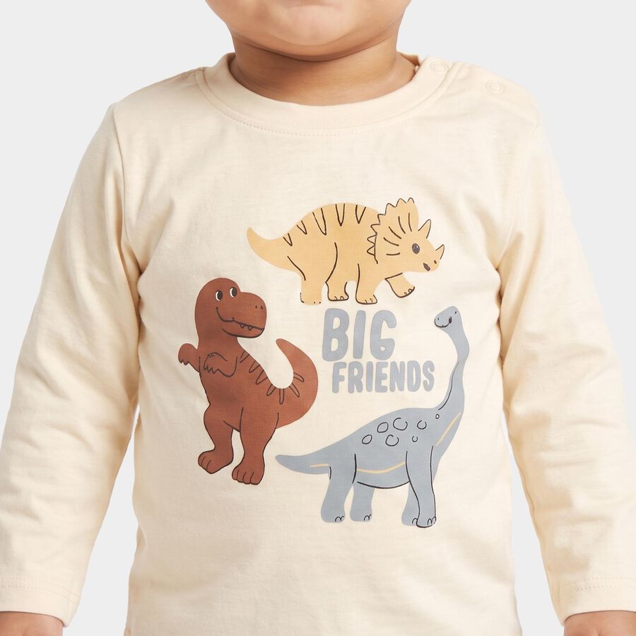 Infants Beige Cotton Round Neck Regular T-Shirt, Beige, large