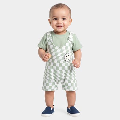 Infants' Mint Green 100% Cotton Round Neck Checked Baba Suit