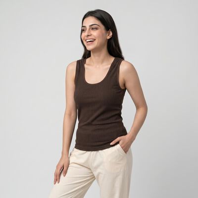 Women's Brown Ribbed Sleeveless Thermal