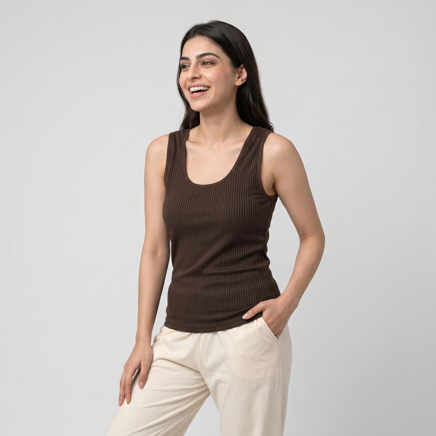 Women's Brown Ribbed Sleeveless Thermal, भूरा, large