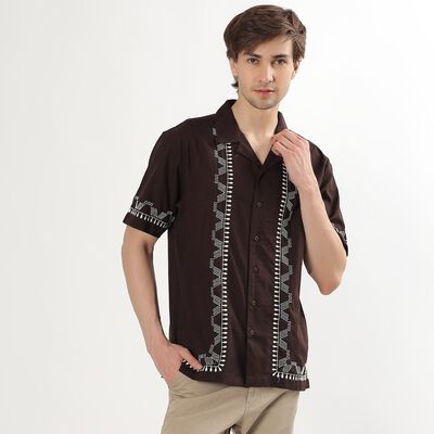 Men's Deep Brown Cotton Cuban Collar Casual Shirt