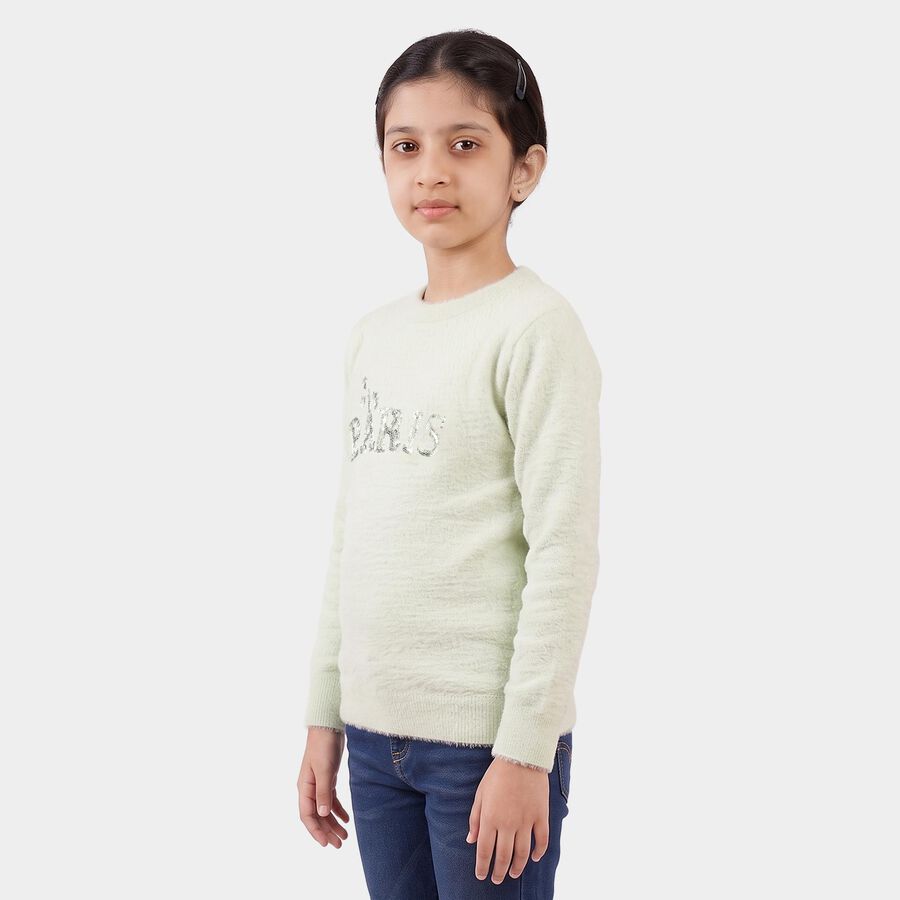 Girls Mint Green Crew Neck Sequin Detail Pullover, हल्का हरा, large