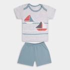 Boys' Light Grey Cotton Boat Neck Printed Baba Suit, Teal Blue, small image number null