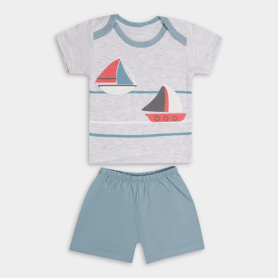 Boys' Light Grey Cotton Boat Neck Printed Baba Suit, Teal Blue, large image number null