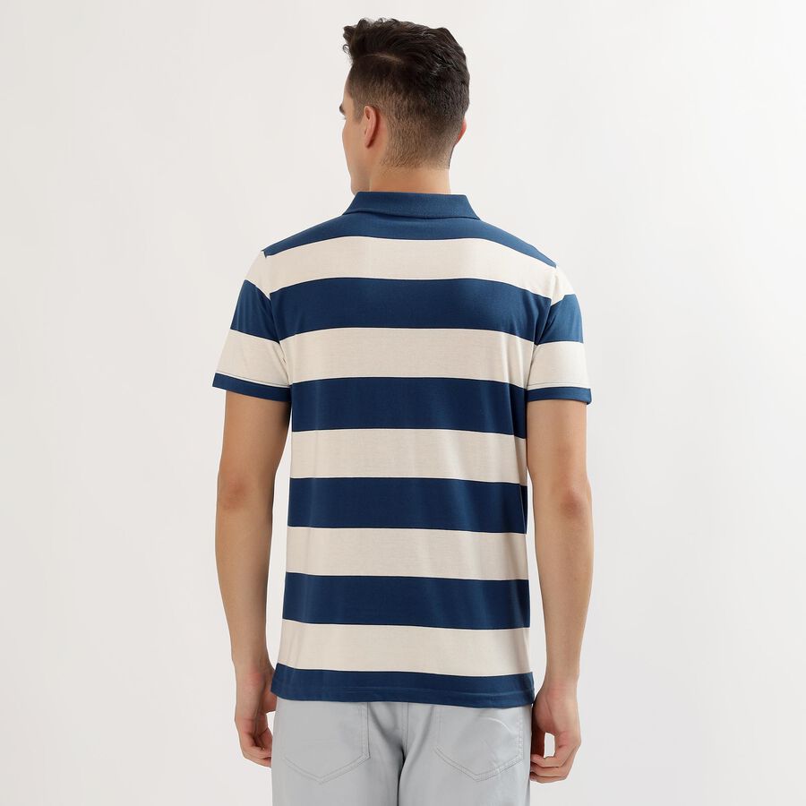 Men's Navy Blue and White Polo Collar Casual T-Shirt, Mid Blue, large image number null