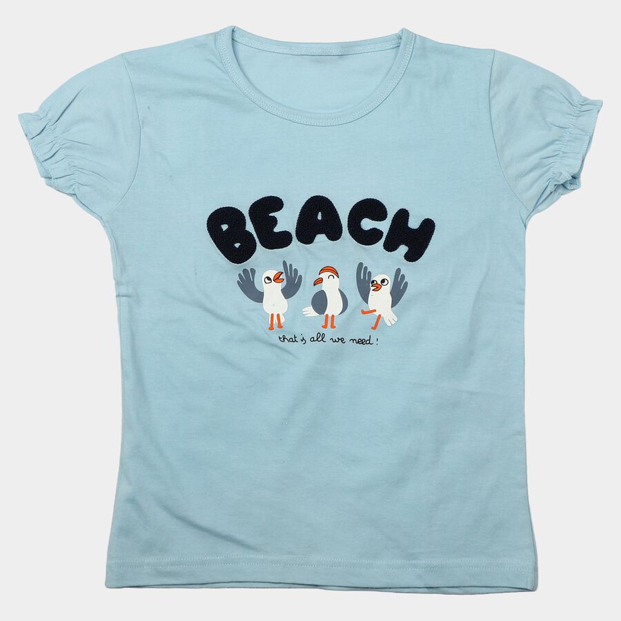 Girls Light Blue Cotton Round Neck Regular T-Shirt, Light Blue, large