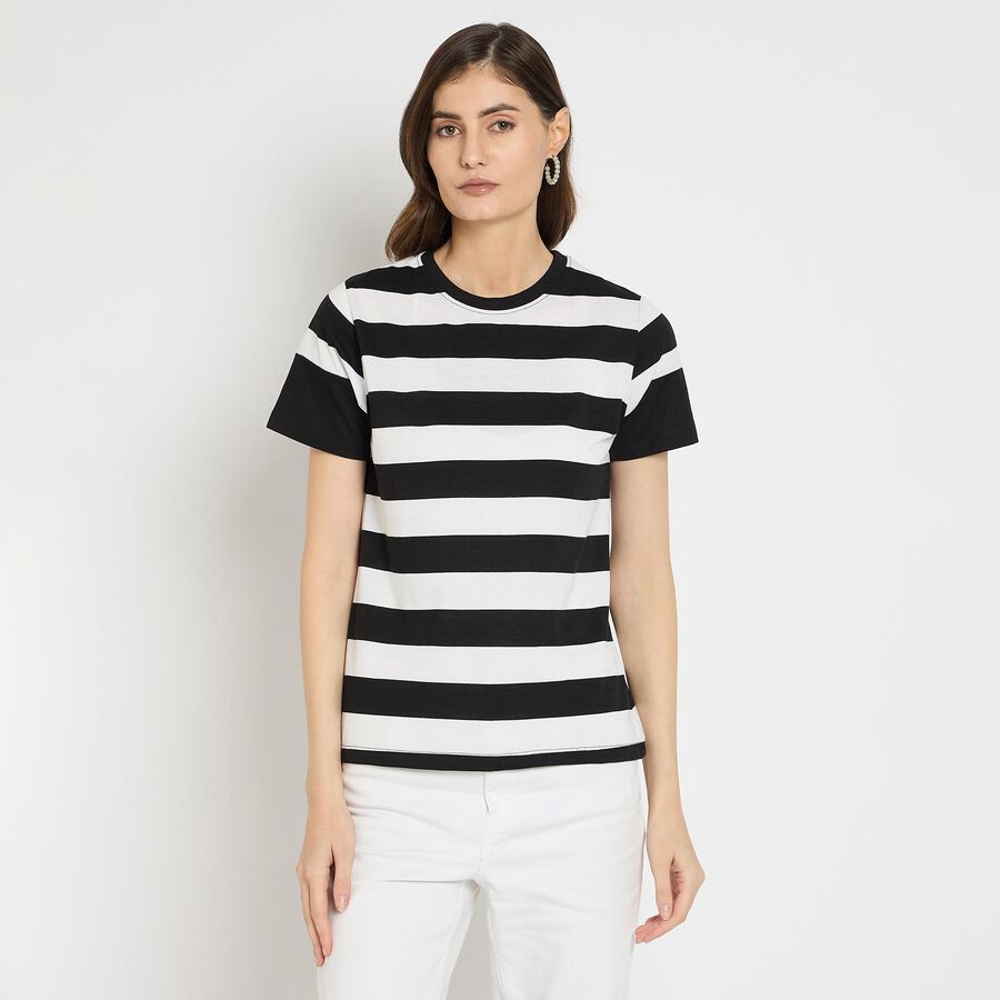 Ladies'  Stripes Round Neck T-Shirt, काला, large image number null