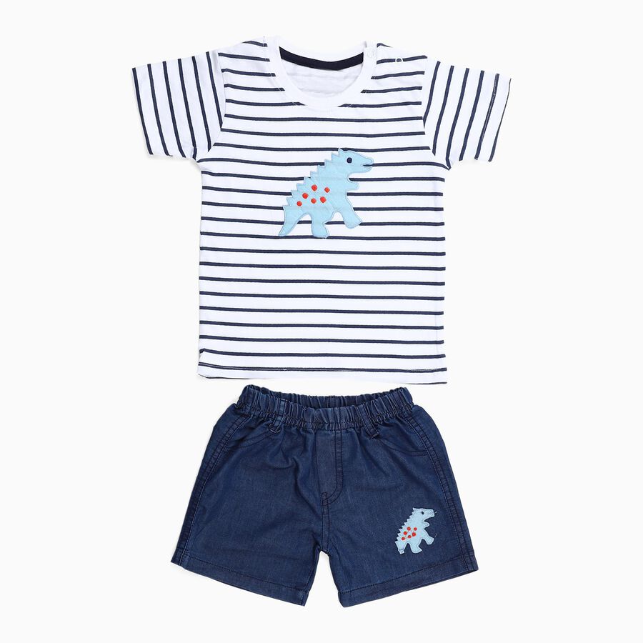 Infants' Navy Cotton Crew Neck Striped Baba Suit, Navy Blue, large