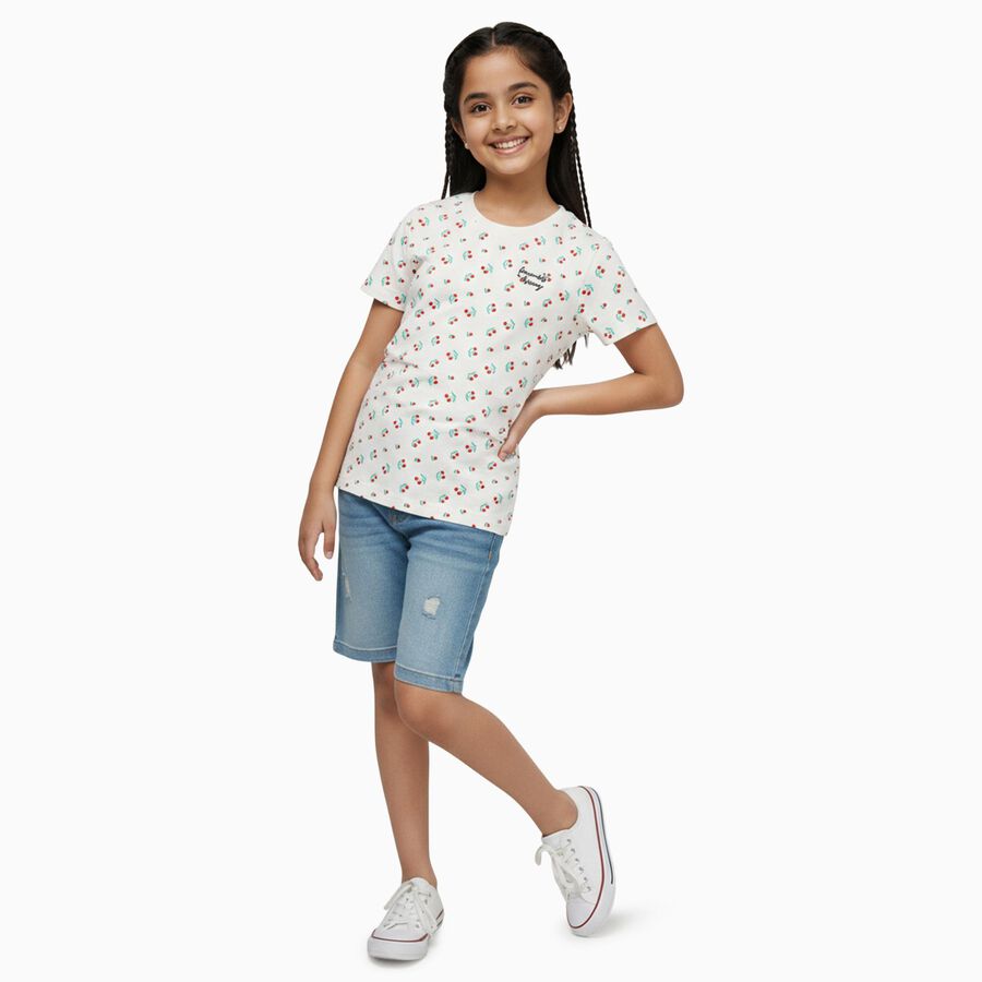 Girls' Off White Cotton Round Neck Casual T-Shirt, ऑफ व्हाइट, large