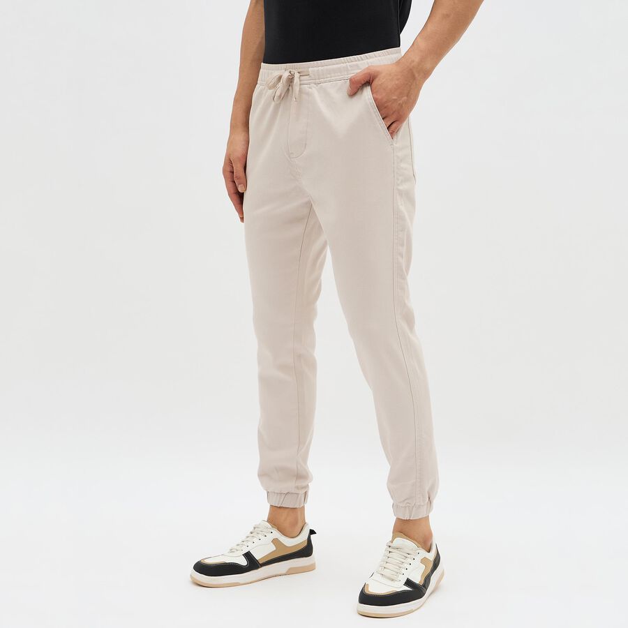 Men's Light Beige Slim Fit Elastic Waist Jogger Trousers, सिल्वर, large image number null