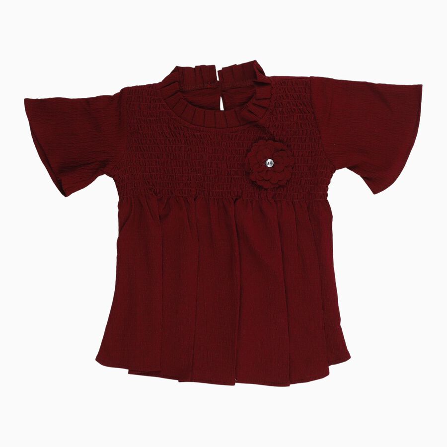 Girls' Deep Maroon Ruffle Neck Casual T-Shirt, वाइन, large