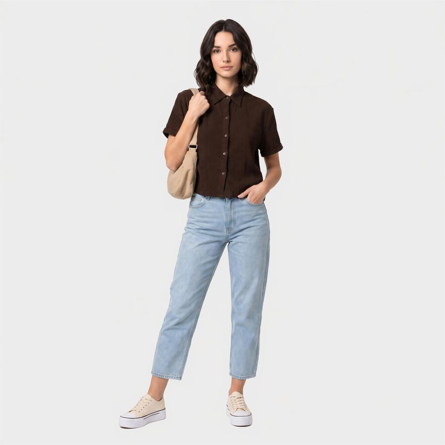 Women's Brown Solid Collared Shirt, भूरा, large