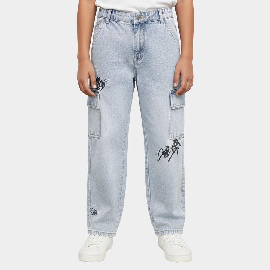 Boys' Light Wash Relaxed Fit Cargo Jeans, हल्का नीला, large image number null