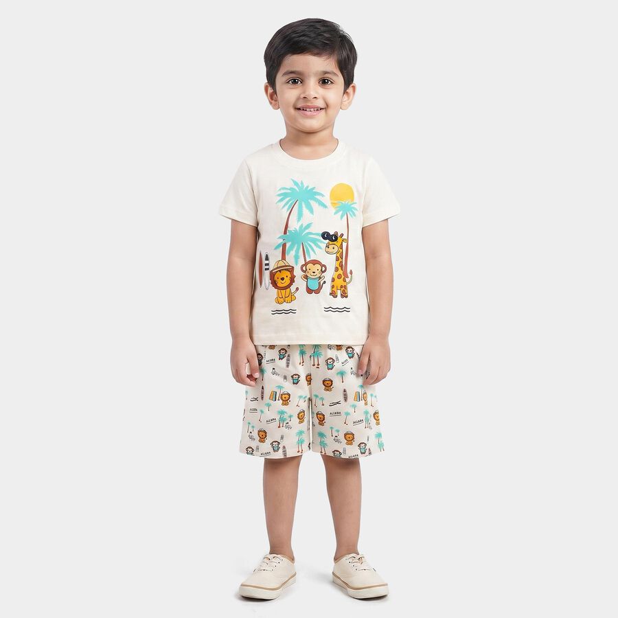 Boys' Off White 100% Cotton Round Neck Graphic Print Baba Suit, Off White, large