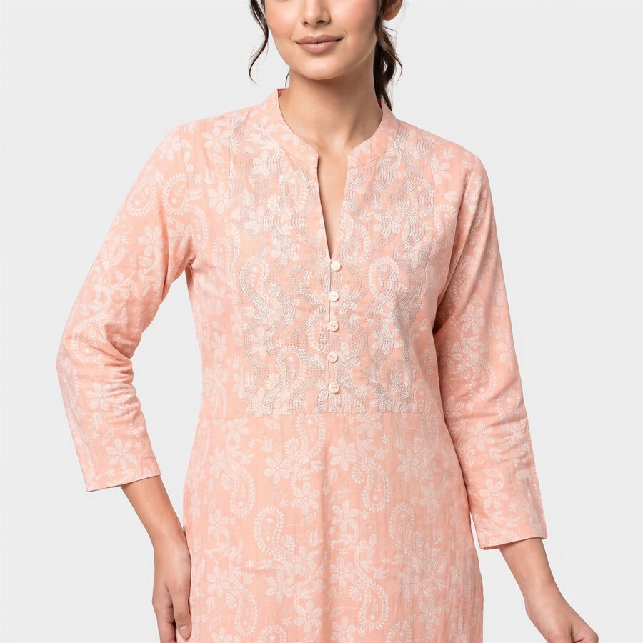 Women's Peach Cotton Round Neck Kurta, Peach, large