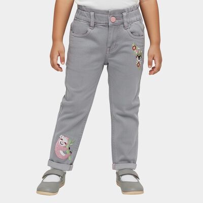 Girls' Light Grey Regular Fit Embroidered Jeans