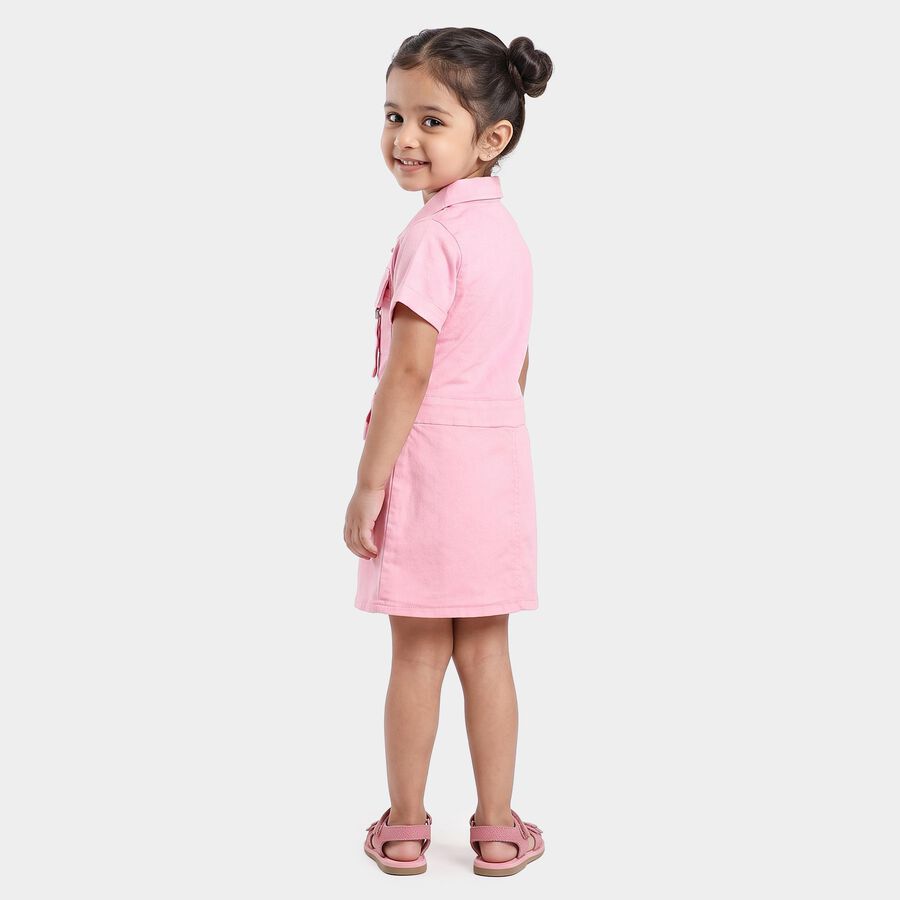 Girls' Pink Shirt Style Solid Frock, गुलाबी, large