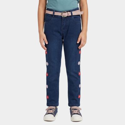 Girls' Navy Blue Straight Fit Embroidered Jeans