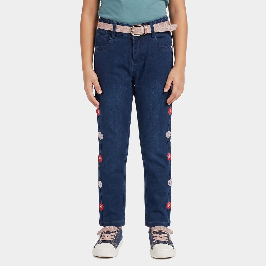 Girls' Navy Blue Straight Fit Embroidered Jeans, गहरा नीला, large