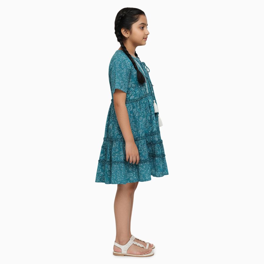 Girls' Bright Floral Sleeveless Casual Dress, टील ब्लू, large